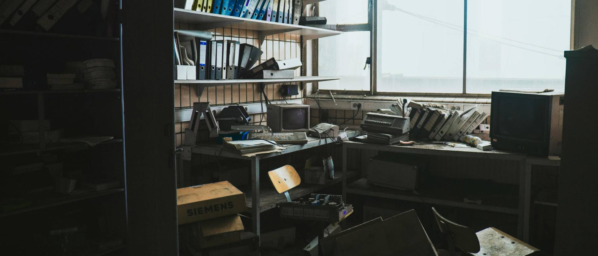 Old, cluttered, computer office